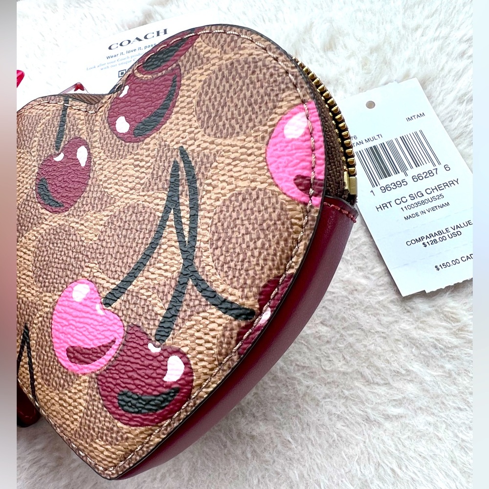 Coach CZ477 Leather Heart Coin Case With Cherry Print - Picture 4 of 6